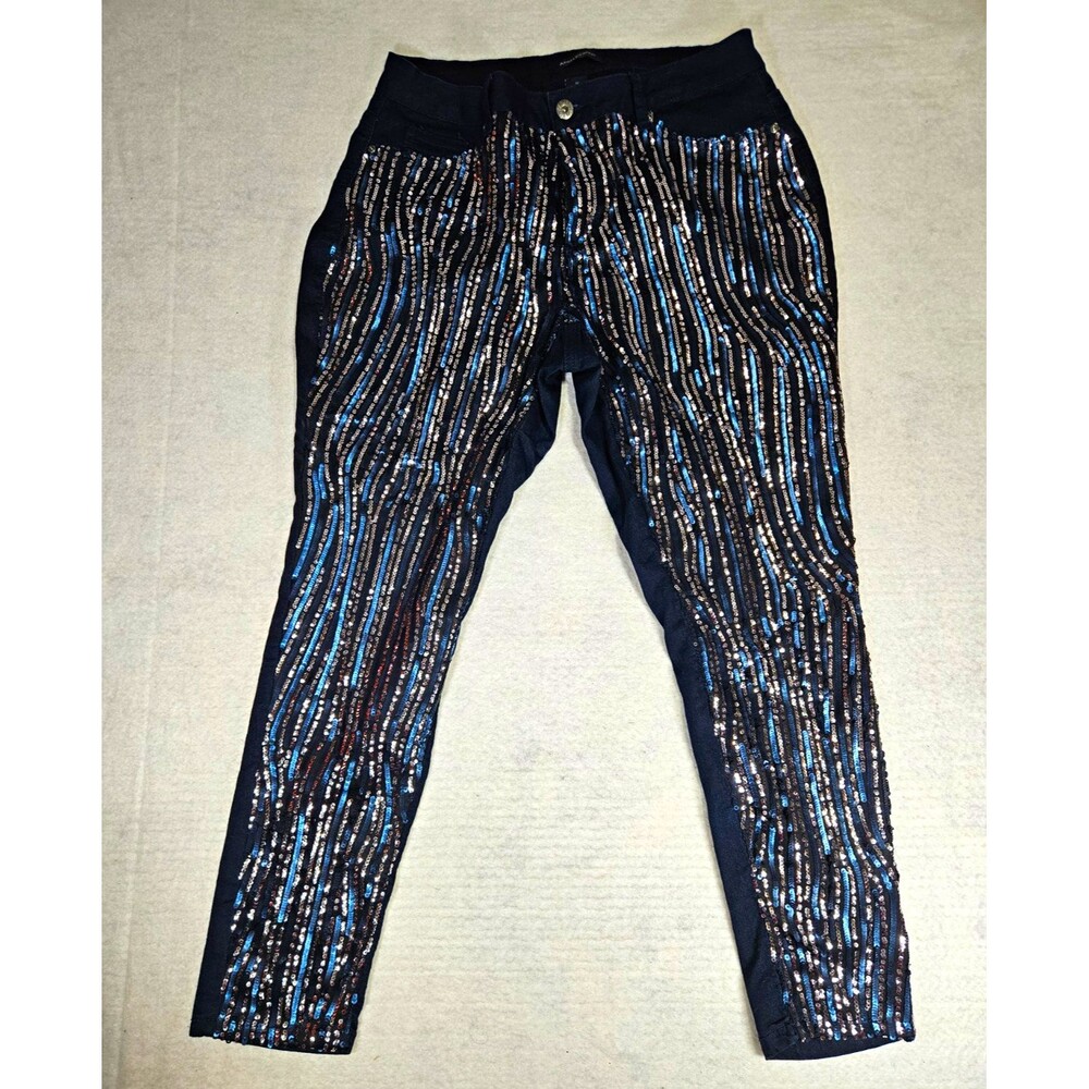 Ashley Stewart Women's Sequin Striped Skinny Denim Pants Stretch Pockets 16